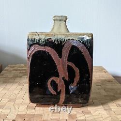 Hamada Shoji Press Mold Flat Bottle Vase Mashiko Japanese Studio Art Pottery