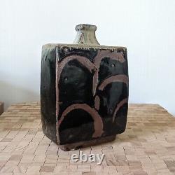 Hamada Shoji Press Mold Flat Bottle Vase Mashiko Japanese Studio Art Pottery