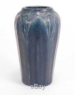 Hampshire Pottery matte blue glaze arts & crafts 6 leaf & bud vase grueby form