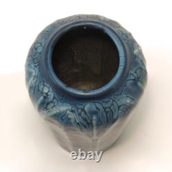 Hampshire Pottery matte blue glaze leaf & bud 6.75 vase arts & crafts shape 33