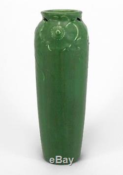 Hampshire Pottery matte green 11 5/8 reticulated floral arts & crafts vase