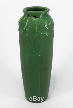 Hampshire Pottery matte green 11 5/8 reticulated floral arts & crafts vase