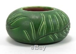 Hampshire Pottery matte green glaze wheel thrown hand carved vase arts & crafts