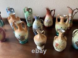 Huge Lot Of 19 Czechoslovakian Pottery Ceramic Porcelain Handled Pitcher Vase