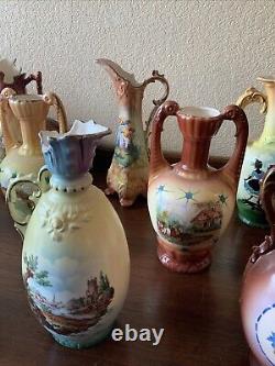 Huge Lot Of 19 Czechoslovakian Pottery Ceramic Porcelain Handled Pitcher Vase