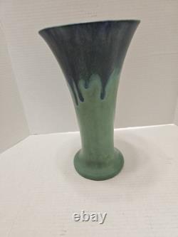 Huge Muncie 12 Pottery 1920s Matte Green/Blue Hand Thrown Vase! Chip! Nice