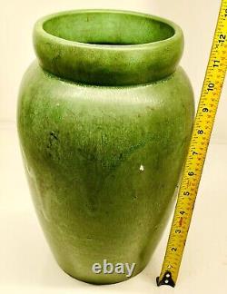 Large 12 Arts & Crafts Matte Green yelloware Art Pottery VASE vtg old Antique