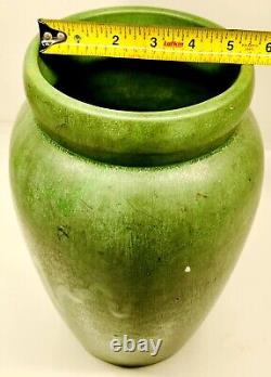 Large 12 Arts & Crafts Matte Green yelloware Art Pottery VASE vtg old Antique