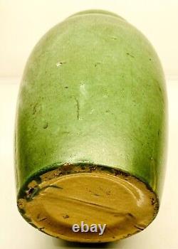 Large 12 Arts & Crafts Matte Green yelloware Art Pottery VASE vtg old Antique