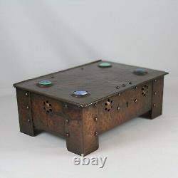 Large Antique English Arts & Crafts Hammered Copper Box w Ruskin Pottery Stones