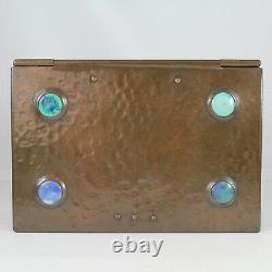 Large Antique English Arts & Crafts Hammered Copper Box w Ruskin Pottery Stones