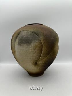 Large Studio Pottery Vase Signed Brutalist Organic Folded Rim Earth Tone