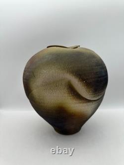 Large Studio Pottery Vase Signed Brutalist Organic Folded Rim Earth Tone