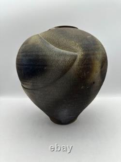 Large Studio Pottery Vase Signed Brutalist Organic Folded Rim Earth Tone