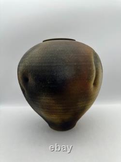 Large Studio Pottery Vase Signed Brutalist Organic Folded Rim Earth Tone
