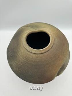 Large Studio Pottery Vase Signed Brutalist Organic Folded Rim Earth Tone