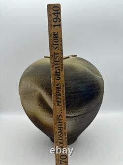 Large Studio Pottery Vase Signed Brutalist Organic Folded Rim Earth Tone