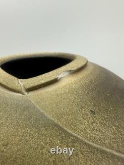 Large Studio Pottery Vase Signed Brutalist Organic Folded Rim Earth Tone