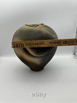 Large Studio Pottery Vase Signed Brutalist Organic Folded Rim Earth Tone