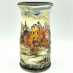 Laurie Shaman Signed Vase Cityscape Hand Painted Art Studio Pottery Ooak Euc