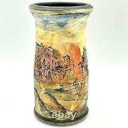 Laurie Shaman Signed Vase Cityscape Hand Painted Art Studio Pottery Ooak Euc