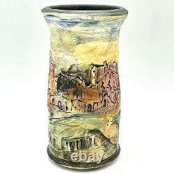 Laurie Shaman Signed Vase Cityscape Hand Painted Art Studio Pottery Ooak Euc