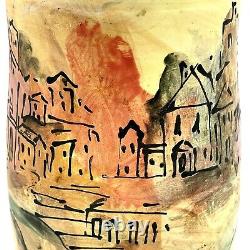 Laurie Shaman Signed Vase Cityscape Hand Painted Art Studio Pottery Ooak Euc