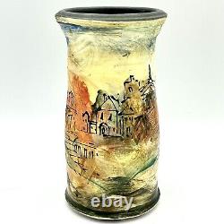 Laurie Shaman Signed Vase Cityscape Hand Painted Art Studio Pottery Ooak Euc