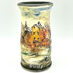 Laurie Shaman Signed Vase Cityscape Hand Painted Art Studio Pottery Ooak Euc