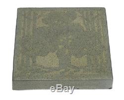 Marblehead Pottery central tree design tile Arts & Crafts matte gray blue green
