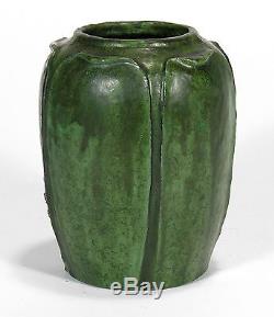 Merrimac Pottery decorated 5 leaf vase arts & crafts curdled semi matte green