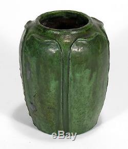 Merrimac Pottery decorated 5 leaf vase arts & crafts curdled semi matte green
