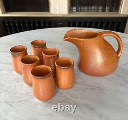 Muncie Pottery Arts and Crafts Orange Peel Glazed Pitcher and Six Cups c. 1930