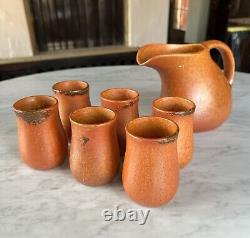 Muncie Pottery Arts and Crafts Orange Peel Glazed Pitcher and Six Cups c. 1930