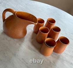 Muncie Pottery Arts and Crafts Orange Peel Glazed Pitcher and Six Cups c. 1930