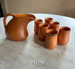 Muncie Pottery Arts and Crafts Orange Peel Glazed Pitcher and Six Cups c. 1930