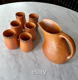 Muncie Pottery Arts and Crafts Orange Peel Glazed Pitcher and Six Cups c. 1930