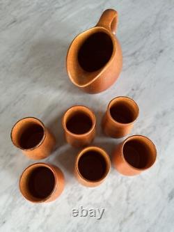 Muncie Pottery Arts and Crafts Orange Peel Glazed Pitcher and Six Cups c. 1930