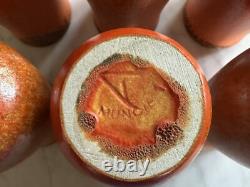 Muncie Pottery Arts and Crafts Orange Peel Glazed Pitcher and Six Cups c. 1930
