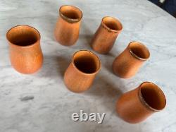Muncie Pottery Arts and Crafts Orange Peel Glazed Pitcher and Six Cups c. 1930