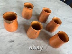 Muncie Pottery Arts and Crafts Orange Peel Glazed Pitcher and Six Cups c. 1930