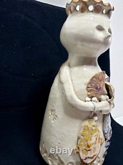 Nancy Pawel Signed Art Clay Pottery Unique 3D Shells/Fish Glazed 11 Vase