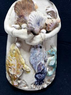 Nancy Pawel Signed Art Clay Pottery Unique 3D Shells/Fish Glazed 11 Vase