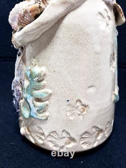 Nancy Pawel Signed Art Clay Pottery Unique 3D Shells/Fish Glazed 11 Vase