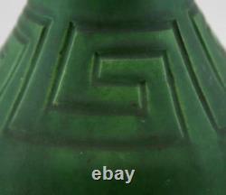 OWENS 7.25 ARTS & CRAFTS VASE BY HP WithCARVED LINES MOTIF MATTE GREEN GLAZE MINT