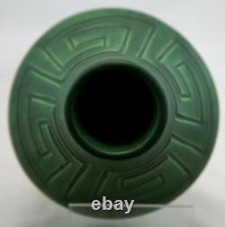 OWENS 7.25 ARTS & CRAFTS VASE BY HP WithCARVED LINES MOTIF MATTE GREEN GLAZE MINT