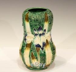 Old Antique Awaji Pottery Carved Tactile Iris Japanese Arts & Crafts Gourd Vase