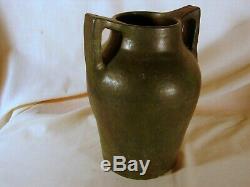 Old Matte Green Art & Crafts Hand Thrown 9in Vase, Square Handles, Unknown Maker