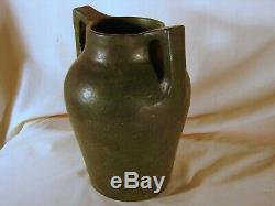 Old Matte Green Art & Crafts Hand Thrown 9in Vase, Square Handles, Unknown Maker