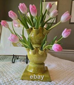 One 3 pcs set Italy hand-crafted Green/yellow pottery tulip vase Aldo Londi